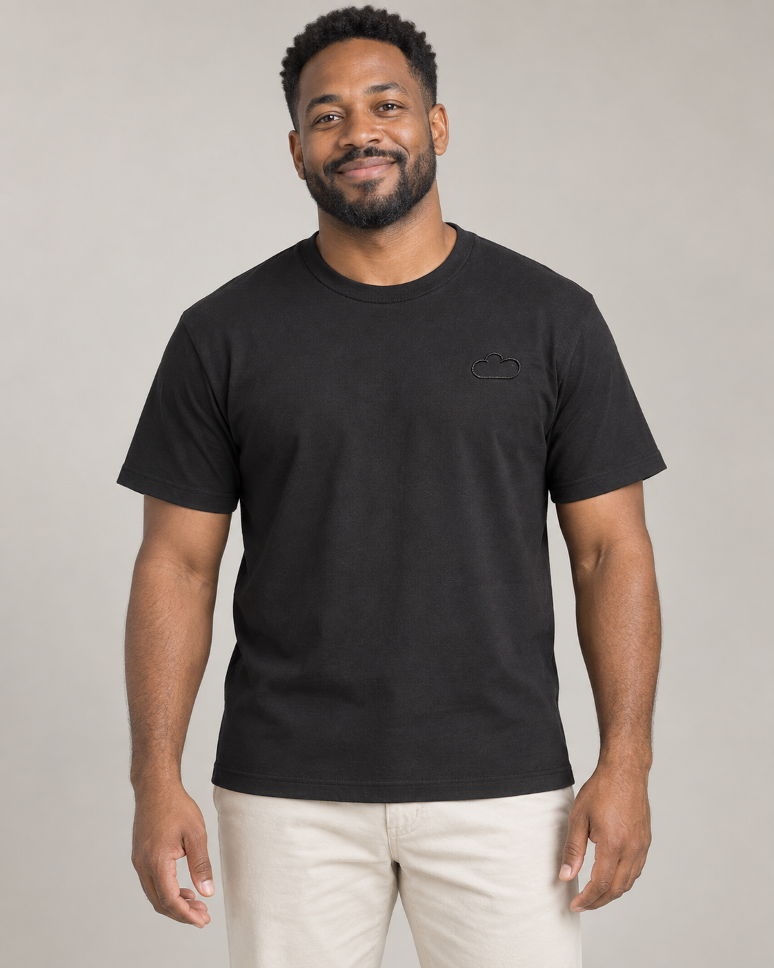 Father wearing a Midnight Classic Black Tee with a subtle cloud outline.