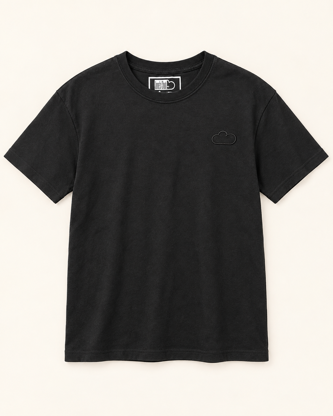 Studio edit: Front of the Midnight Classic Black Tee, showing its subtle tonal cloud outline.