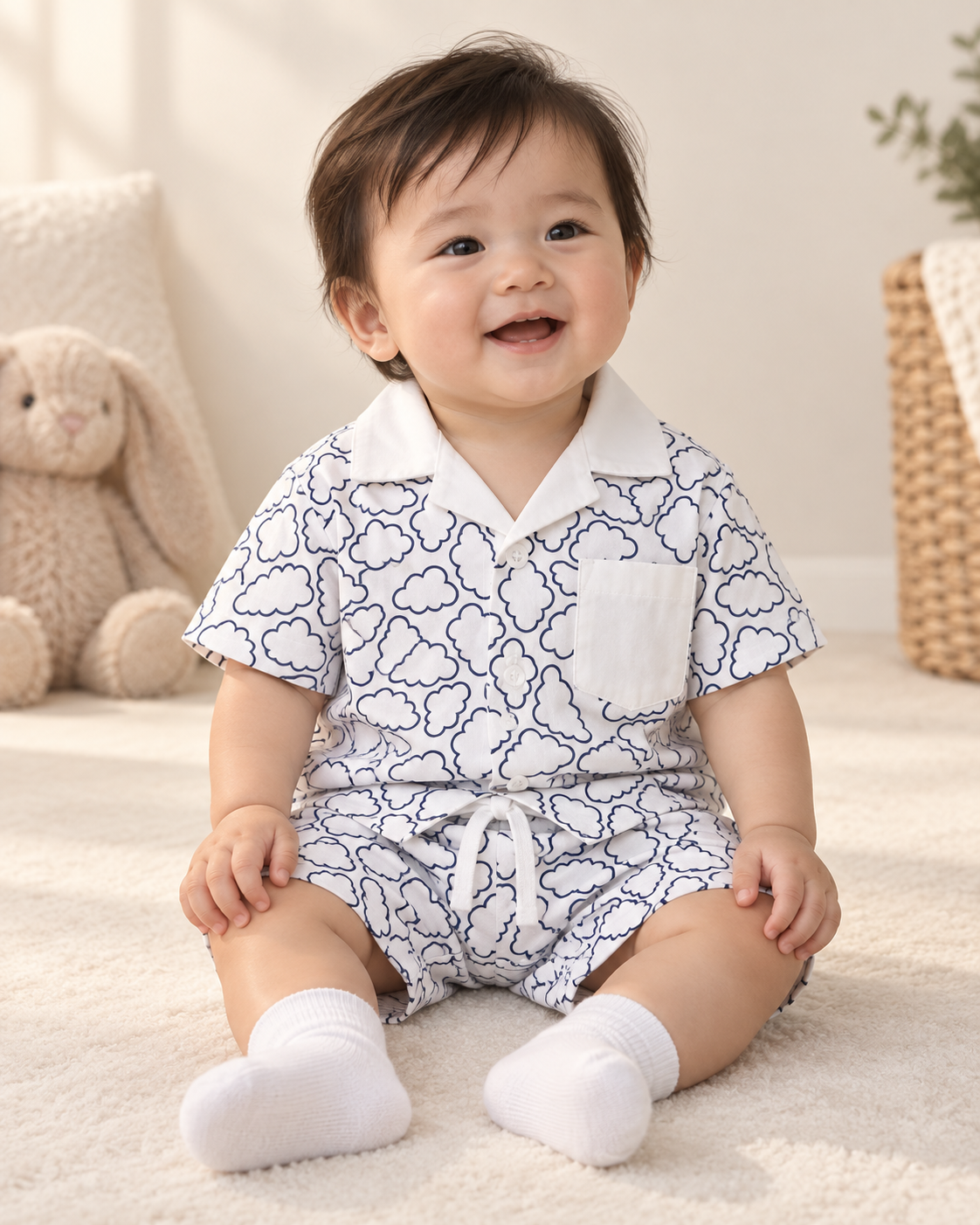 Baby wearing a white Relaxed Clouds printed shirt and matching shorts.