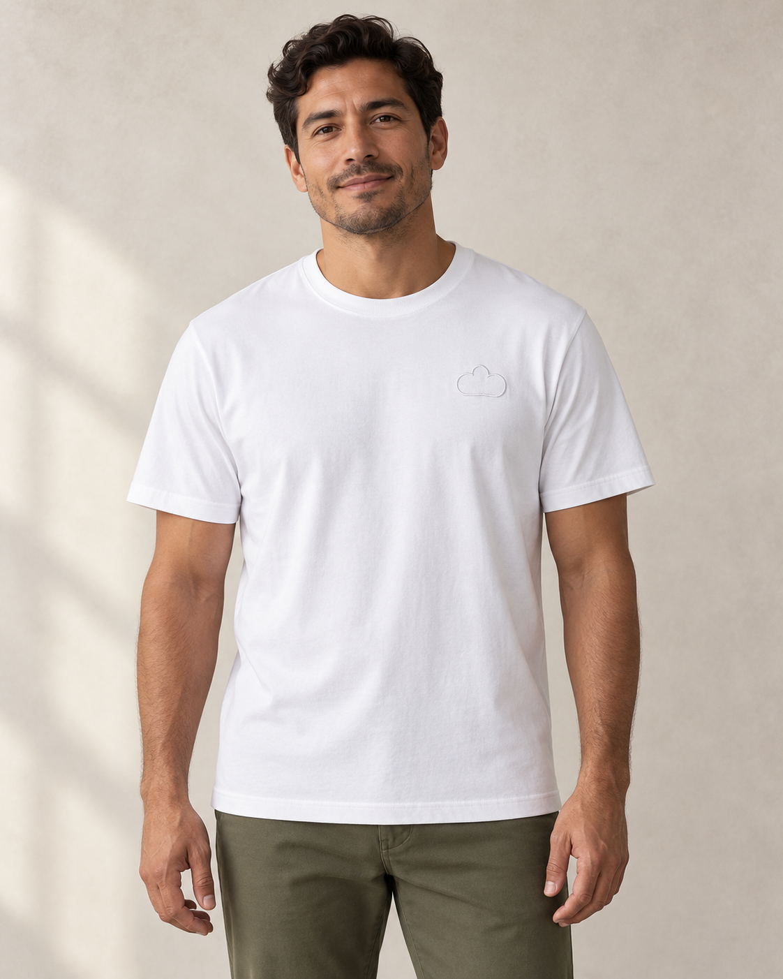 AI-created father wearing a White Horizon Tee with a tonal cloud outline.