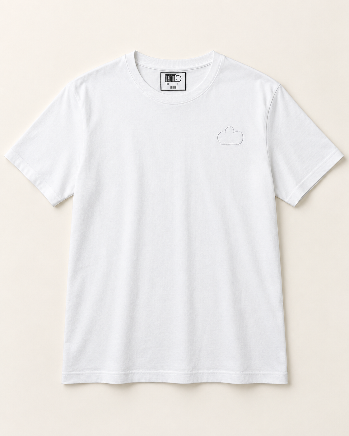 Studio edit: Front of the White Horizon Tee, showing its subtle tonal cloud outline.